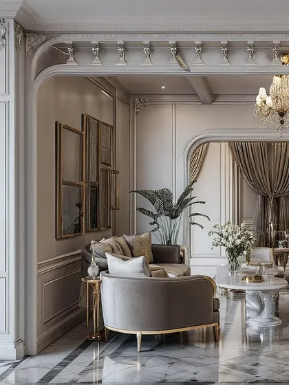 We love bringing timeless classical design into modern homes. This living area showcases our expertise in creating opulent spaces with intricate moldings, gold accents, marble flooring, and plush velvet furniture for a perfect balance of grandeur and comfort.