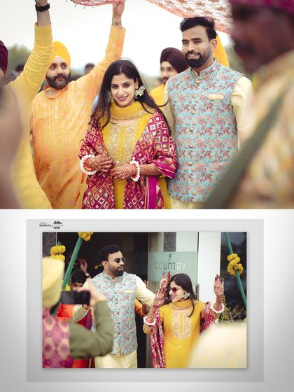 The couple's grand entrance at their Haldi ceremony, surrounded by friends and family. This collage captures their happiness and the celebratory mood.