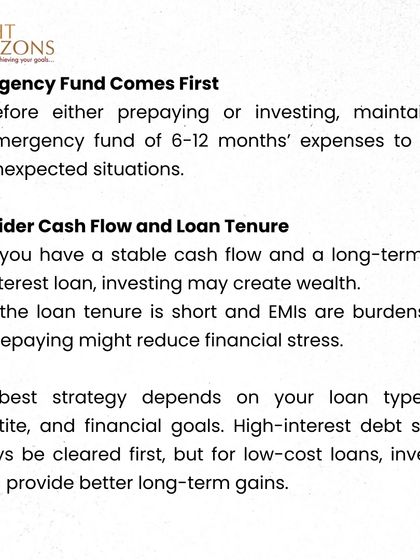 This excerpt from our bulletin emphasizes that an emergency fund comes first. Before deciding to prepay a loan or invest, we advise maintaining a fund of 6-12 months' expenses to cover unexpected situations.