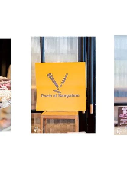 A triptych showcasing the book, our branding, and the author reading. This format effectively summarizes the key elements of our events.