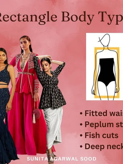 A guide for the rectangle body type. I recommend creating curves with fitted waists, peplum styles, fish cuts, and deep necklines.