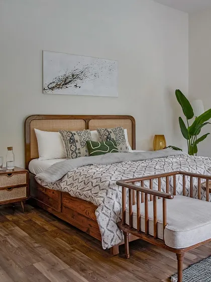 This bedroom set, also featured in Elle Decor, highlights my work with mid-century modern design. The bed features a beautiful cane-panelled headboard, paired with a matching bedside table, all crafted from seasoned teak to create a warm and inviting space.