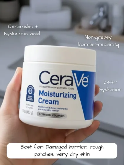 Looking for a great winter moisturizer? This CeraVe cream is excellent for a damaged barrier or very dry skin, packed with ceramides and hyaluronic acid for 24-hour, non-greasy hydration.