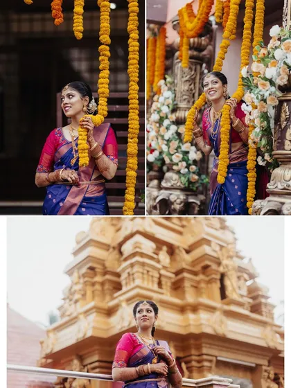 A collage of a bride's portraits against a temple backdrop, capturing her various expressions and traditional attire.