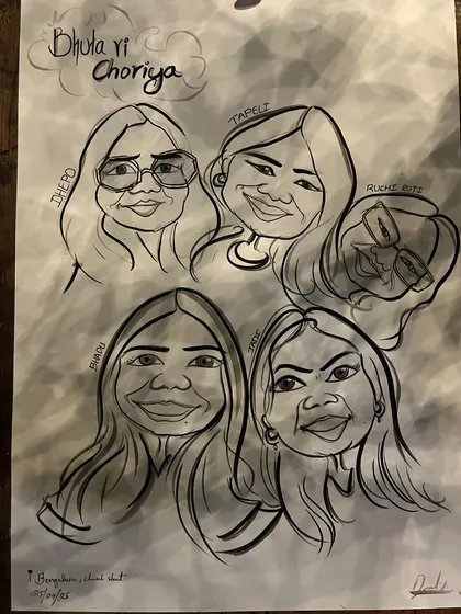 This group caricature, titled 'Dhula ri Choriya', shows how I can sketch multiple people together on one sheet.