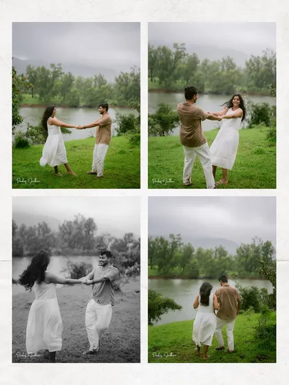 A collage capturing the playful spirit of a pre-wedding shoot in the monsoon. Barefoot laughs, twirls, and walks by the water tell a story of love that is free and joyful.