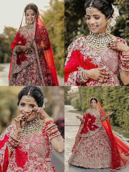 A collage of the beautiful bride in her traditional red lehenga, capturing her smiles and playful moments before her Thailand wedding.