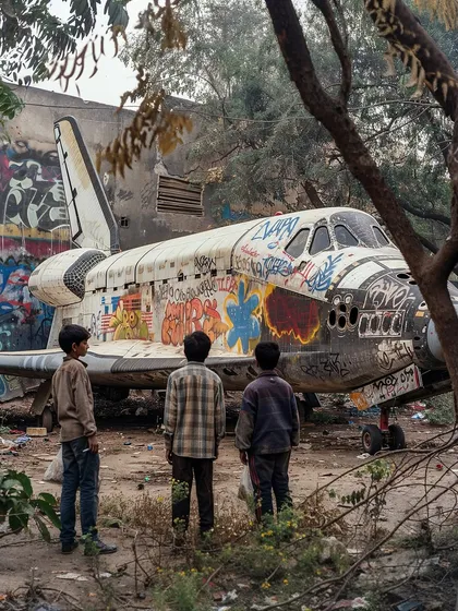 Children stand before a derelict, graffiti-covered space shuttle in a junkyard. This image, titled 'adda', evokes a sense of lost dreams and forgotten futures, where relics of the space age become playgrounds.