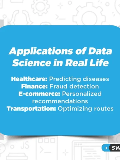 Here are some real life applications of Data Science: predicting diseases in healthcare, fraud detection in finance, and personalized recommendations in e-commerce.