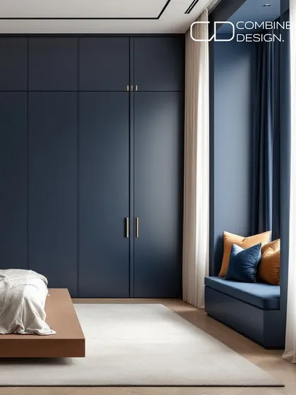 Storage should be seamless and elegant. These floor-to-ceiling wardrobes in a deep midnight blue provide ample space while adding a touch of sophisticated drama to the room. The minimal brass handles are a subtle, luxurious detail.