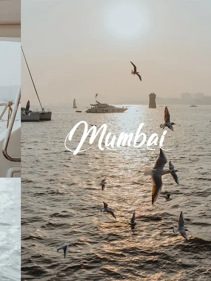 A scenic collage capturing the essence of a Mumbai coastal shoot, with the sun setting over the water and seagulls flying by.
