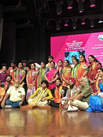 A photo with all the recipients of the Sangeetha Pracharya Award and the M.S. Subbulakshmi Fellowship. A truly memorable day celebrating music.