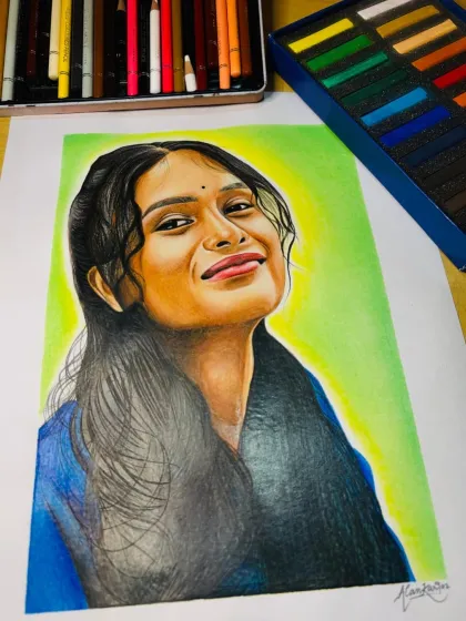 This is the same portrait, showing the art supplies I used. You can see the set of Brustro color pencils and pastels that help me achieve these rich, blended colors.