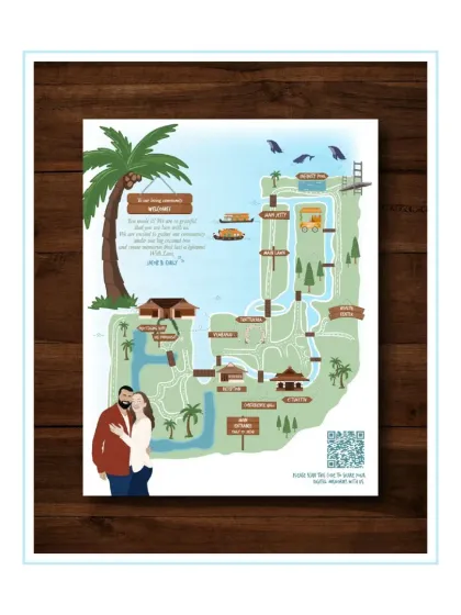 A custom illustrated map does more than just guide guests; it tells a story. For this Kerala backwaters wedding, we wove in personal elements from the couple's journey, like the Bay Bridge and redwood trees, alongside traditional local architecture.