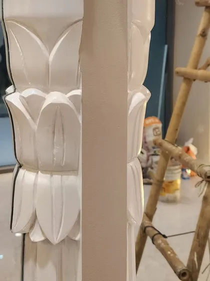 Here is the custom-carved pillar for the jewellery store during the construction phase. This image shows the raw craftsmanship and precision required to bring our detailed designs to life on site.