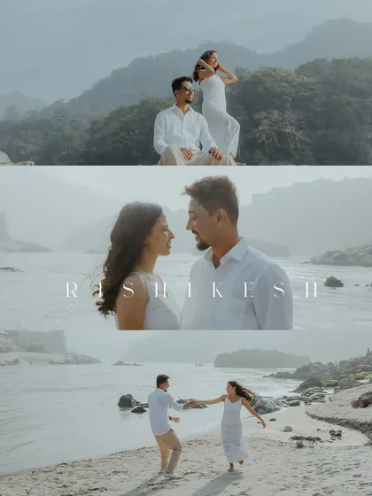 A triptych of images from a serene pre-wedding shoot in Rishikesh, capturing the couple against the majestic mountain and river landscape.