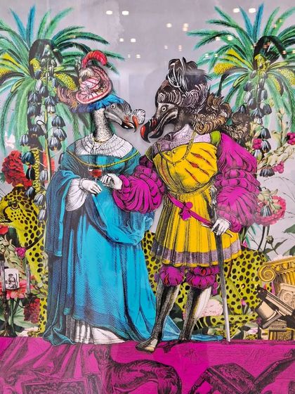 A whimsical and colorful collage by Beygum Bano, featuring anthropomorphic birds in royal attire.