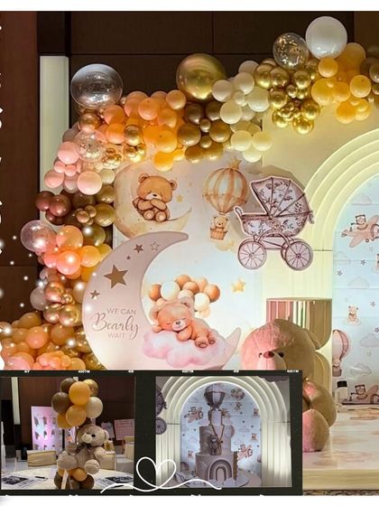 A detailed collage of the golden teddy bear theme, focusing on the 'We Can Bearly Wait' moon backdrop, hot air balloon cutouts, and intricate balloon garlands.