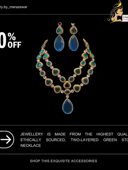 This two-layered necklace set is made from high-quality, ethically sourced green and blue stones. It's an exquisite accessory for a truly luxurious feel.