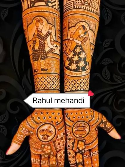 This design focuses on the couple, with their figures prominently featured on the forearms, complemented by symbolic elements on the palms.