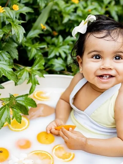 For babies who can sit up, a milk bath session is such a unique and fun experience. I love using natural elements like fresh oranges and flowers to create these bright, happy portraits.