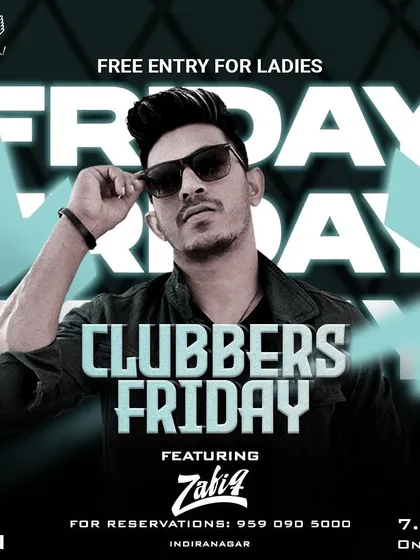 The poster for "Clubbers Friday" at Big Pitcher's Studio 4121 in Indiranagar, a massive venue with a great sound system.
