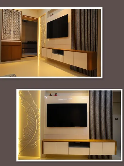 A before-and-after collage of the TV unit, illustrating the transformation from a simple concept to a beautifully executed feature wall.