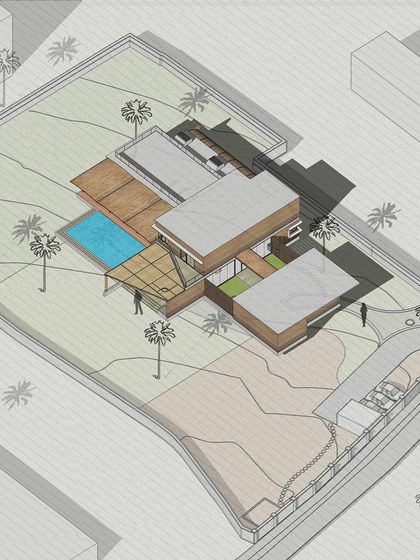 An isometric view of a modern farmhouse concept. This layout prioritizes open living and a strong connection to the outdoors, with a clear separation of spaces and a large pool deck integrated into the landscape design.