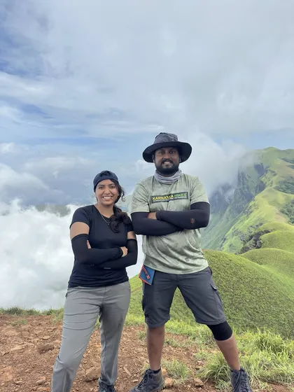 Two of our trek leaders posing proudly on the Netravathi trail, ready to guide our group through the mountains.