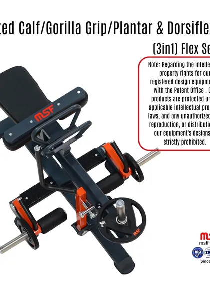A detailed look at our patented 3-in-1 Flex Series machine for lower leg strengthening. This equipment is a testament to our commitment to innovation and protected by intellectual property laws.