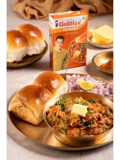 A classic food shot designed to make you hungry. For Goldiee Masale's Pav Bhaji mix, I styled a rich, buttery, and authentic Mumbai street food scene that looks absolutely delicious and ready to eat.