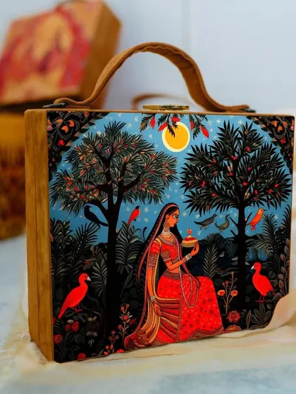I love how my suitcase-style bags tell a story. This one features a beautiful traditional painting of a woman in a moonlit garden, printed on matte satin for a truly artistic and unique accessory.