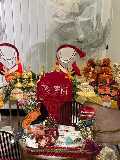 Another view of the grand Rakhi trousseau, showing the different platters and gift arrangements that make up the full set.