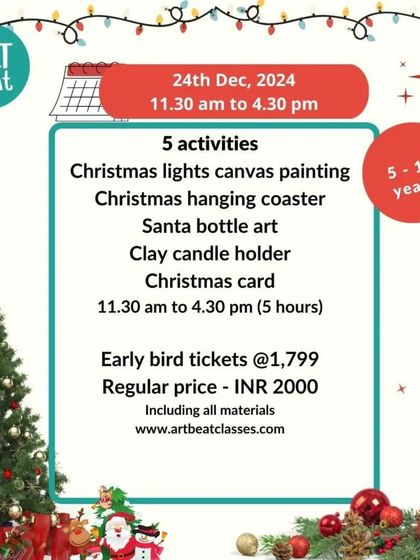 Here are the details for our Christmas Art Party, listing all five creative activities included. We provide all materials, so you just need to show up for a day of holiday fun.