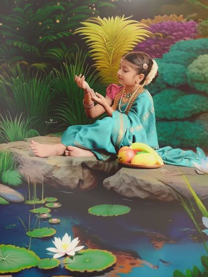 A whimsical, painterly portrait of a girl in traditional dress, sitting by a magical pond in a fantasy garden.