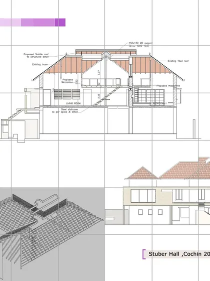 Architectural drawings for the Stuber Hall conservation. These sections and 3D views show the technical side of our work, detailing how we proposed to add a new roof structure and mezzanine levels while preserving the existing tiled roof.