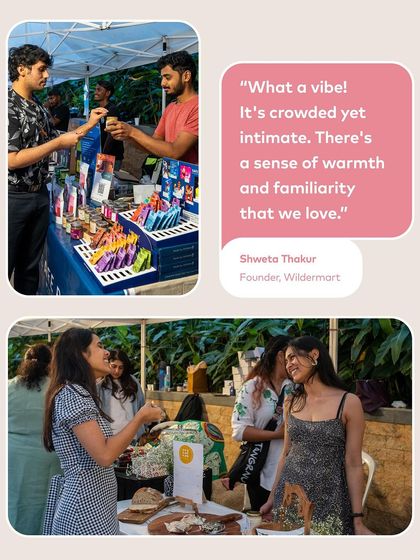 The market is a place for discovery and connection. Here, shoppers are engaging with a vendor, learning more about their products. I love fostering these interactions between creators and customers.