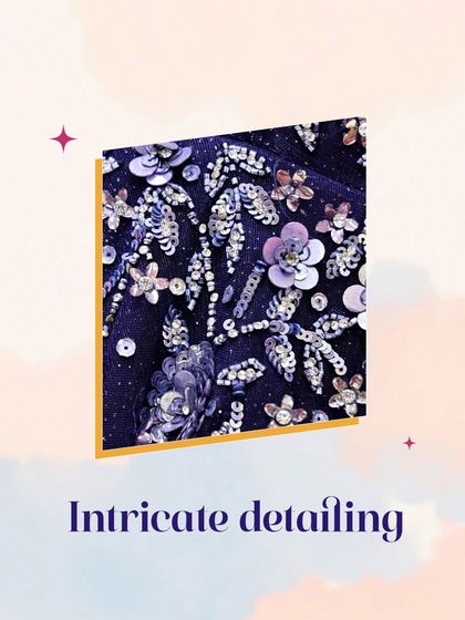 A close-up on the intricate, 3D floral detailing of one of my purple gowns. I focus on quality craftsmanship so your rental looks and feels premium.