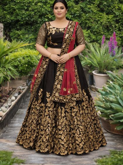A complete view of the black and gold plus-size lehenga, showcasing its regal design. This is a perfect rental for a reception or a grand wedding event.