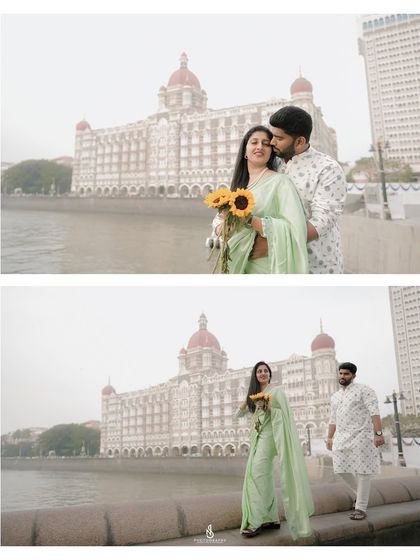 A collage showcasing a romantic photoshoot with the iconic Taj Mahal Palace Hotel in Mumbai as the backdrop.