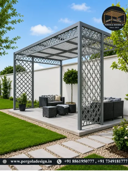 A contemporary take on the classic gazebo. This structure features decorative CNC-cut side panels that offer privacy while adding an artistic touch. It’s a perfect centerpiece for a modern garden landscape.