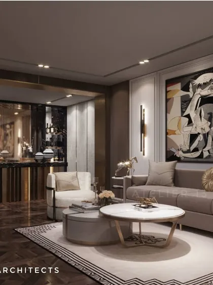 Another view of the art-centric formal area, showing the careful placement of furniture to create conversation zones. The dark marble floor and neutral sofas allow the statement artwork to remain the undisputed hero of the space.