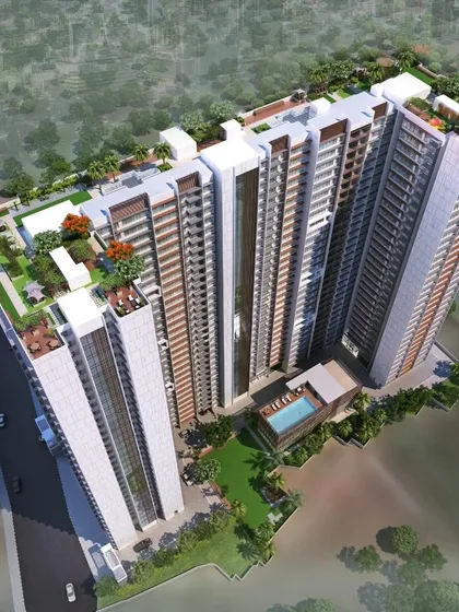 An aerial render of Runwal Timeless, a project in Mumbai. The design features two towers with rooftop gardens and a shared amenity space, creating a luxurious and comfortable living environment.