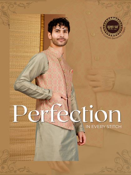 Perfection in every stitch. A model in a peach-toned printed Nehru jacket over a grey kurta, a warm and inviting combination.