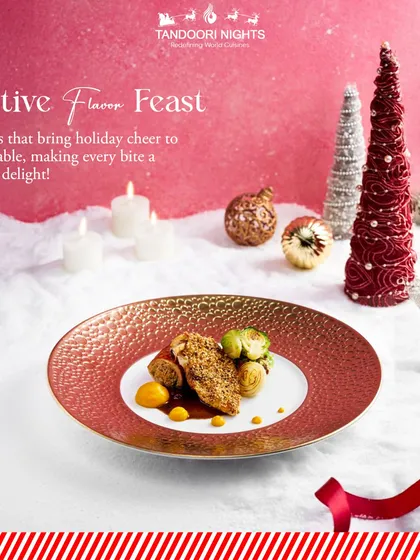 We create a festive flavor feast for the holidays. This beautiful dish, plated on a red and gold plate amidst a snowy scene, brings holiday cheer to your table.