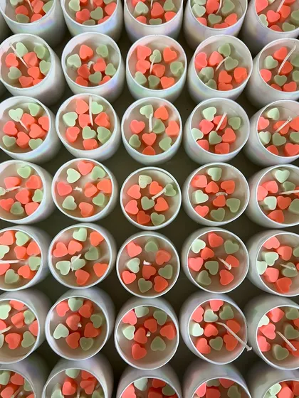 It’s the love season. A batch of our heart-shaped wax melts being prepared in the studio.