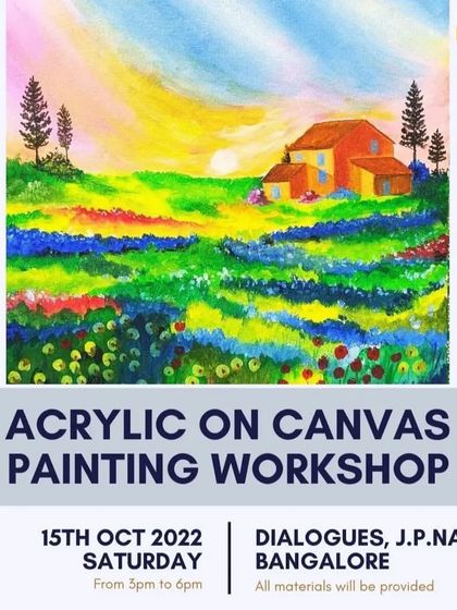 Another poster for our acrylic painting workshop, featuring a colorful field of flowers. We provide all materials and a relaxed atmosphere for you to paint and socialize.