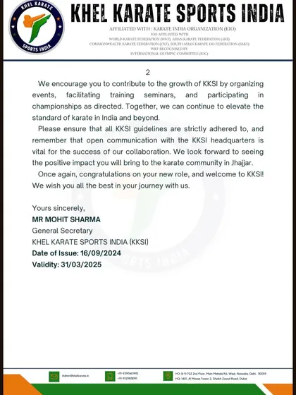 The official letter from Khel Karate Sports India, outlining my responsibilities. I take this role seriously and will work to elevate the standard of karate.