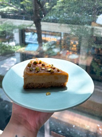 The creamy Elaichi Cheesecake from BeGreenr. This shot, taken in beautiful natural light, highlights the unique Indian flavor fusion and the delicate texture of the dessert.