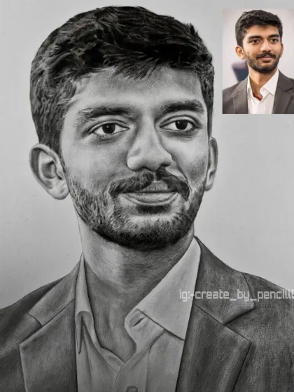A portrait of chess champion D. Gukesh, shown next to the reference photo. Even in a formal portrait, I aim to capture the subject's personality and intensity through careful shading and line work.